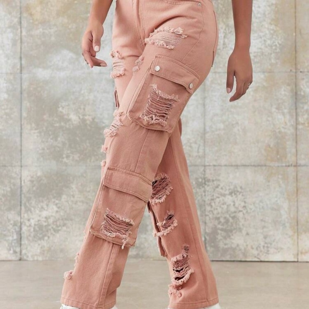 Distressed Straight Leg Jeans in Coral Pink